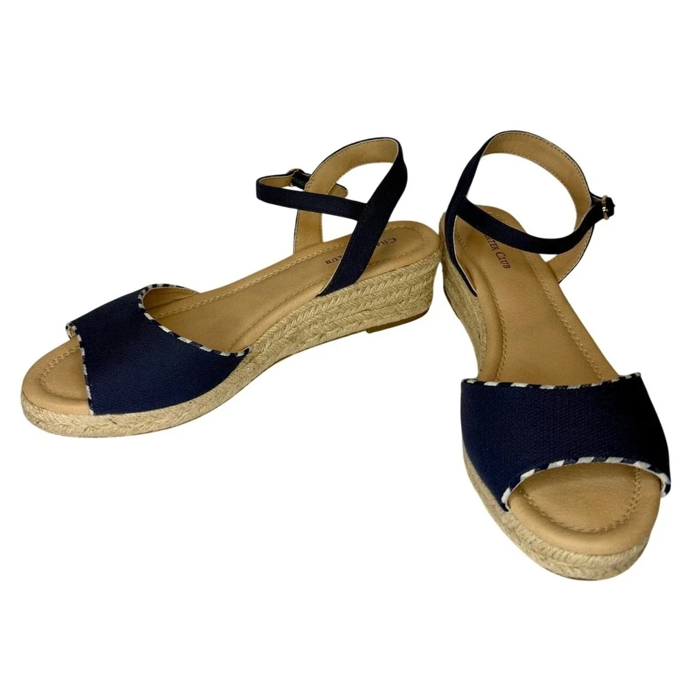 Charter Club Espadrille Wedge Sandals Womens 9.5 Navy Blue LUCHIA Canvas Strappy